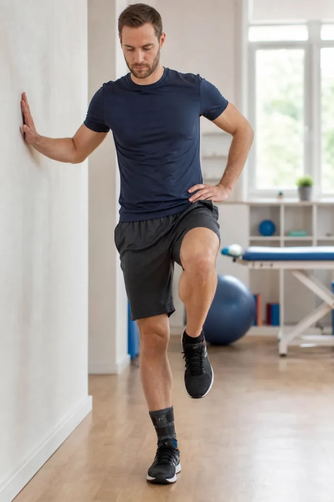 Personne en tenue de sport en équilibre sur une jambe, la cheville soutenue par une attelle légère, près d’un mur.