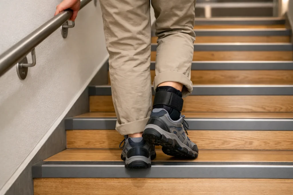 Personne descendant un escalier intérieur en tenant la rampe, avec une attelle visible à la cheville.