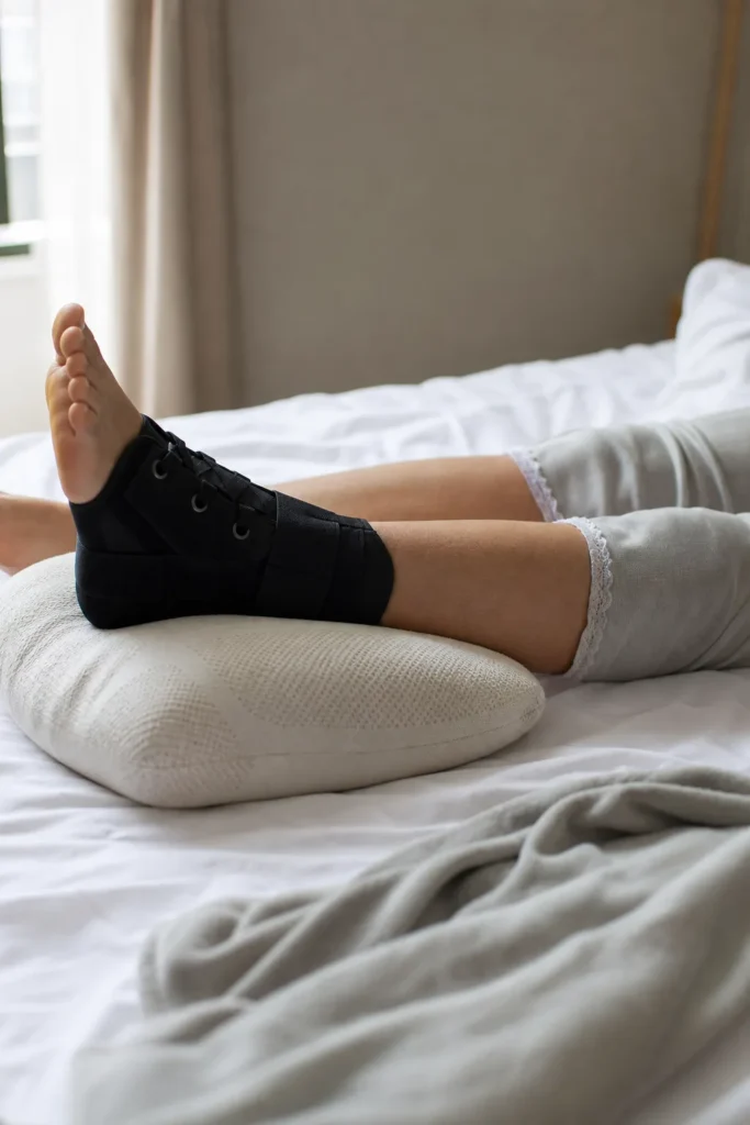 Cheville équipée d’une attelle posée sur un coussin dans un lit.