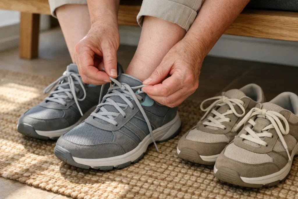 Personne assise ajustant les lacets d’une chaussure sur un pied légèrement gonflé à la cheville.
