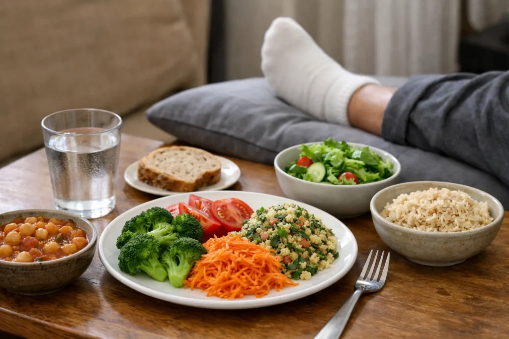 Un repas composé de légumes et de légumineuses posé près d’une personne dont la cheville repose sur un coussin.