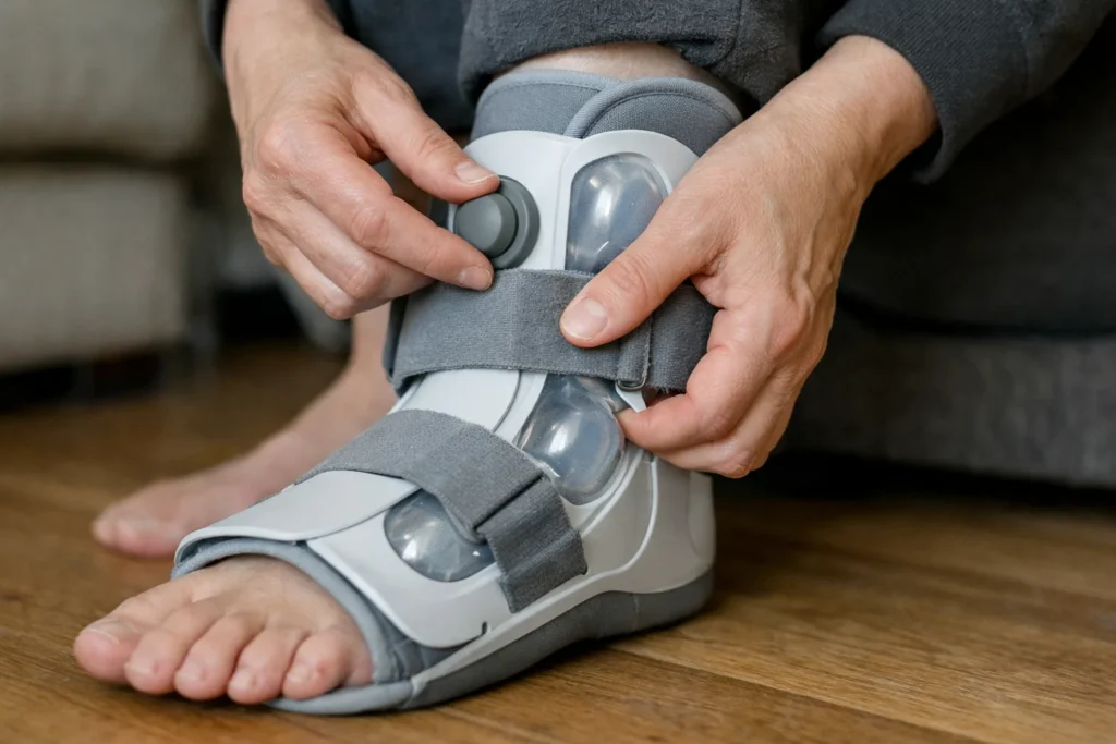 Personne assise vérifiant avec les mains une attelle pneumatique autour de sa cheville.