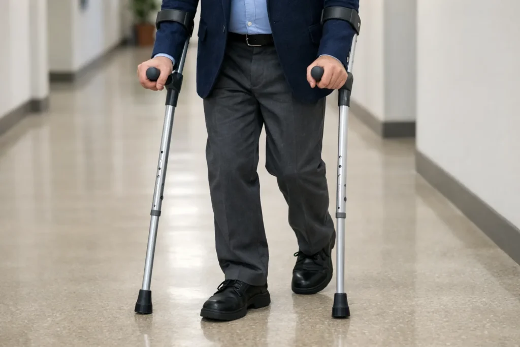 Personne marchant dans un couloir dégagé avec deux béquilles à appui sur l’avant-bras et des chaussures fermées.