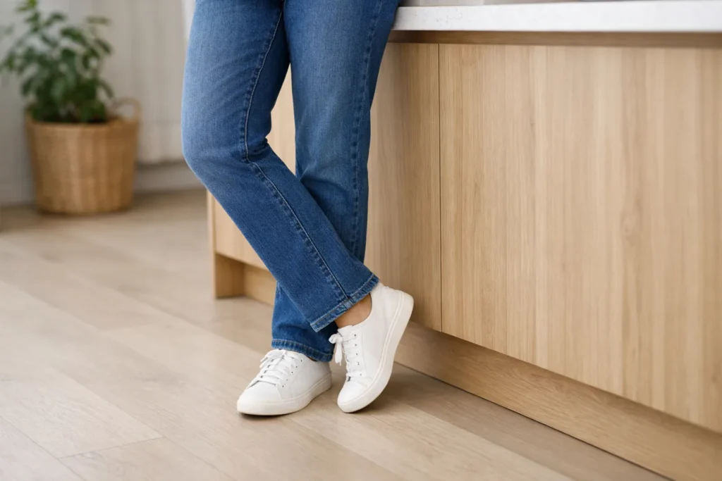 Personne debout, les deux pieds au sol, près d’un plan de travail sur lequel elle peut prendre appui.