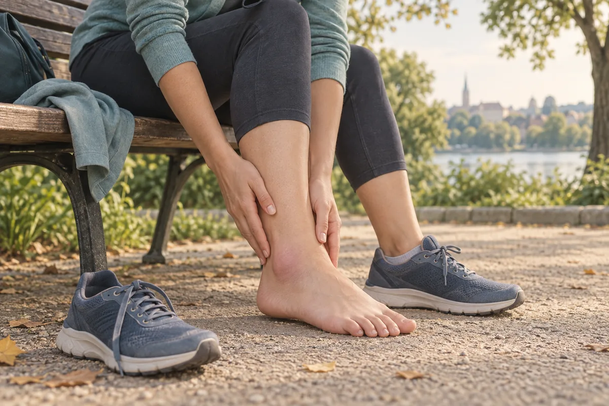Personne assise tenant sa cheville après avoir retiré sa chaussure.