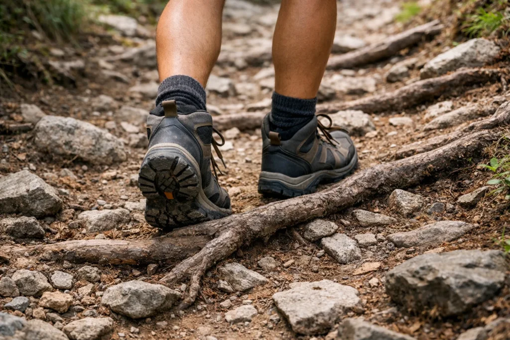 Chaussures de randonnée posées sur un sentier parsemé de cailloux et de racines.