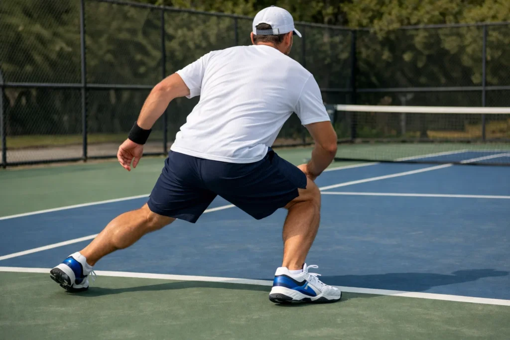 Joueur de tennis vu de dos effectuant un pas de côté près d’une ligne du court.