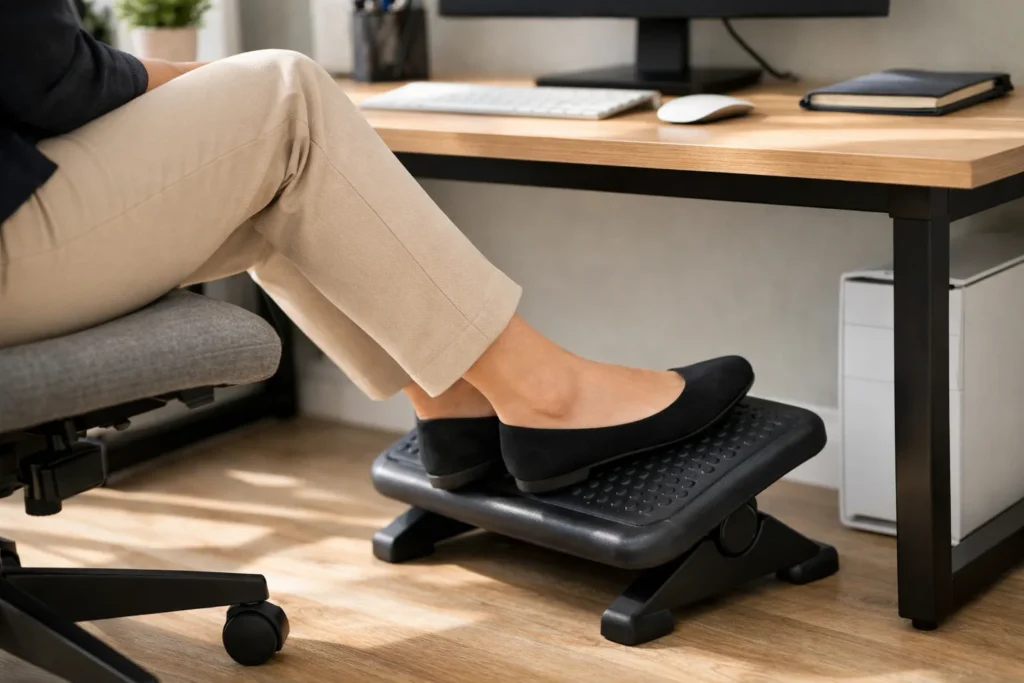 Personne assise à son poste de travail, une cheville posée sur un repose-pied